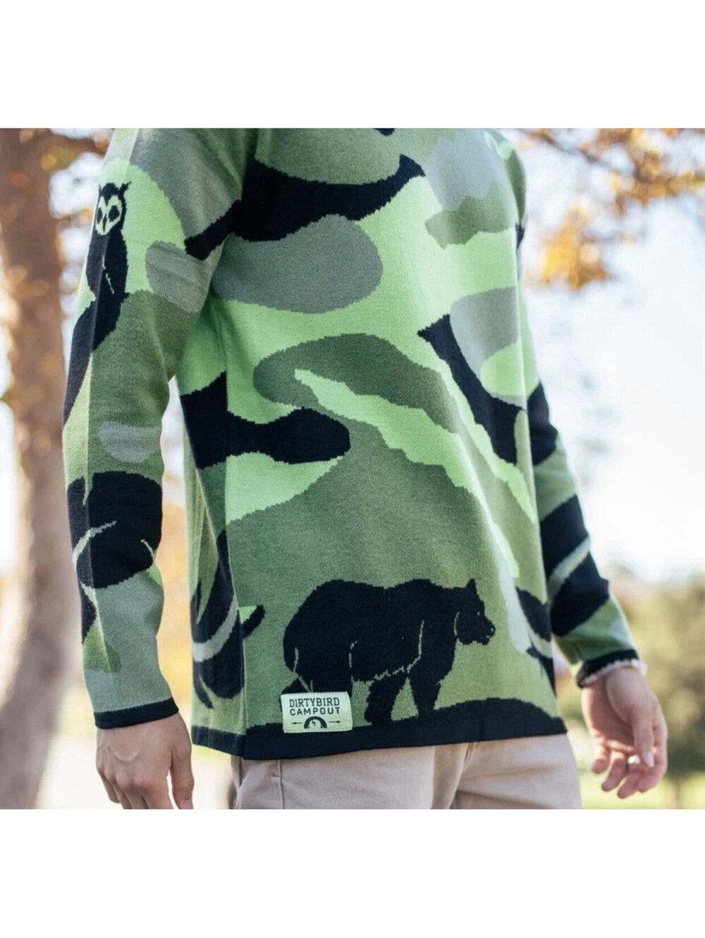 Dirtybird Camp out 2021 Near Owl Knit Camo Streetwear Sweater Sz 2XL Sold Out